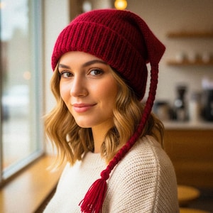 May include: A knitted red beanie hat with a long braid and tassel. The hat is made of a thick, textured yarn and is a deep shade of red. The braid hangs down the side of the head. The person is wearing a cream-colored sweater.