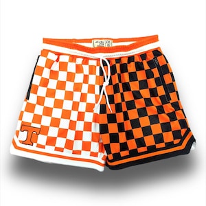 May include: Orange and black checkered basketball shorts with a white stripe around the waist and a white 'T' on the left leg.