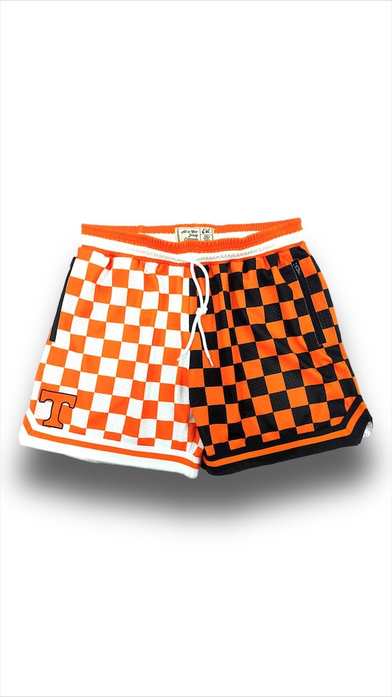 Tennessee Basketball Shorts - Vintage Inspired Mesh Checkerboard Pattern, Orange White Black, T Logo, Zipper Pockets & Drawstring