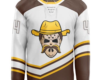 Vintage-Inspired Wyoming Hockey Jersey – Western Cowboy Mask – Fully Embroidered Jersey