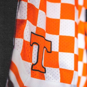 May include: Orange and white checkered basketball shorts with a black "T" on the side.