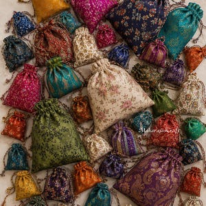 Puede incluir: Una colección de numerosas bolsas con cordón de varios tamaños, con diversos patrones de tela que incluyen diseños florales, de cachemira y geométricos en colores como oro, magenta, azul marino, verde azulado, verde y crema con cordones trenzados.