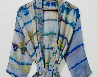 Tie Dye Silk Kimono Robe | Boho Handmade Festival Wear, Lightweight Beach Cover Up