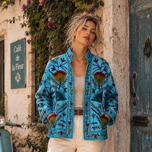 Boho Kantha Cotton Embroidered Suzani Jacket | Handmade Floral Coat