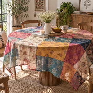 Puede incluir: Un mantel redondo con un diseño de patchwork que presenta varios patrones florales y geométricos en tonos rojo, azul, amarillo y crema. La tela tiene una apariencia texturizada y semitransparente que cubre una mesa redonda de madera.