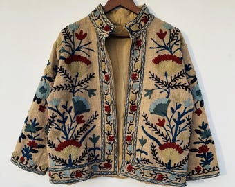 Handmade Indian Suzani Jacket, Embroidered Kantha Overcoat, Boho Cotton Jacket, Gift for Her