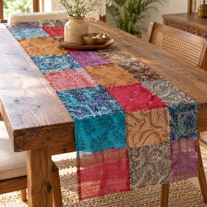 Indian Silk Table Runners Lot | Handmade Boho Floral Patchwork Table Runner, Vintage Home Decor