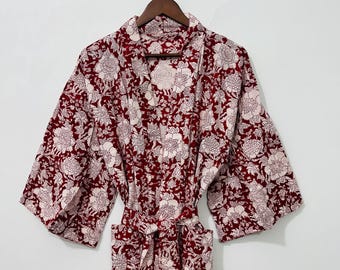 Handmade Indian Block Print Kimono Robe, – Lightweight Cotton Kimono , Summer Cover-Up, Unique Gift for Her,