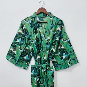 Green Leaf Kimono Robe | Boho Chic Lightweight Loungewear | Perfect for Summer & Relaxation | Eco-Friendly Fabric