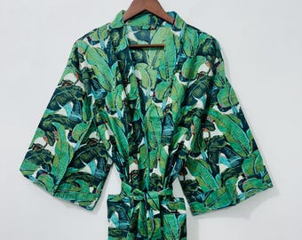 Green Leaf Kimono Robe | Boho Chic Lightweight Loungewear | Perfect for Summer & Relaxation | Eco-Friendly Fabric