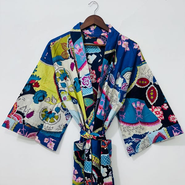 Boho Cotton Kimono | Vintage Indian Floral Beach Cover Up, Lightweight Summer Robe