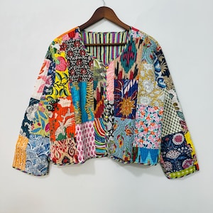 Boho Handblock Print Jacket, Quilted Patchwork Cotton Vest, Indian Kimono Coat for Women