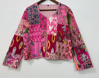 Women’s Quilted Patchwork Jacket, Boho Cotton Kimono Vest, Handblock Print Indian Coat