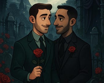 Gothic Gay Couple Portrait | Moonlit Rose Garden Art Print | Addams Family Inspired Digital Download