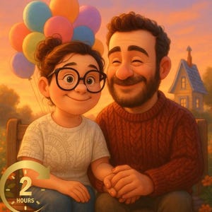 Digital Download | Custom Pixar Up Style Couple Portrait | Wholesome & Romantic Digital Art