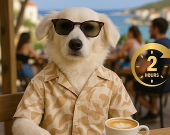 Influencer Dog Cafe Art Print: Stylish Pet Portrait (Digital Download)