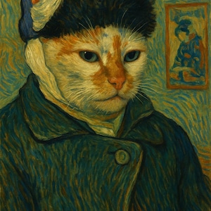 May include: A white and orange cat wearing a blue and black hat and a blue jacket. The cat is painted in a style reminiscent of Vincent van Gogh's Starry Night.