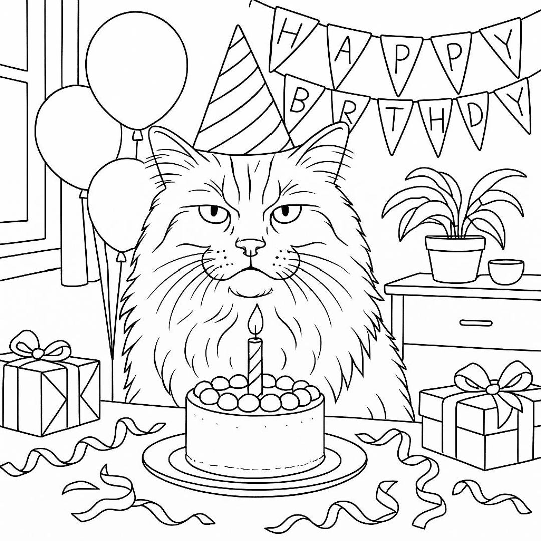 Custom Birthday Cat Coloring Page Personalized Pet Portrait Line Art