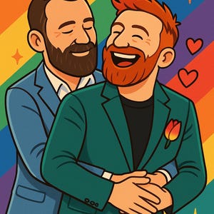 Joyful Pride Couple Embrace | LGBTQ+ Digital Download Art | Gay Couple Printable Poster