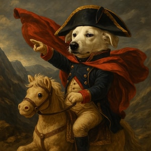 Puede incluir: Un perro blanco con un sombrero bicorne negro y dorado y una capa roja, montando un caballo de juguete blanco. El perro mira hacia la derecha y apunta con su pata derecha. El fondo es una pintura de un paisaje montañoso.