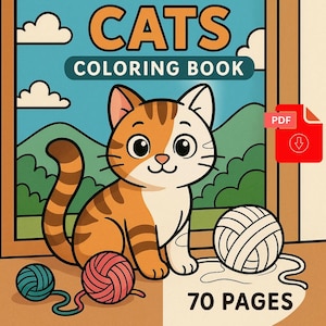 Digital Download - Cute Cats Coloring 70 Pages  – Printable PDF Activity Book – Fun & Adorable Kitty Art