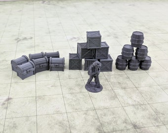 Crates Barrels Chests 6 of each, 28mm scale, Fantasy Terrain, Minis, Miniatures, Dungeon Terrain, Dungeons & Dragons, RPG, Pathfinder, DnDs