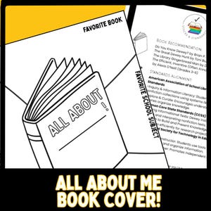 Puede incluir: Dibujo en blanco y negro de una portada de libro abierto con las palabras "ALL ABOUT". La imagen también incluye el texto "FAVORITE BOOK" y "FAVORITE SCHOOL SUBJECT". La parte inferior de la imagen dice "ALL ABOUT ME BOOK COVER!"