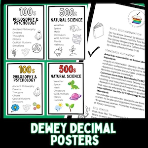 以下が含まれることがあります： 「Dewey Decimal Posters」のテキストが入った教育用ポスターのセット。ポスターは、哲学と心理学、自然科学などのカテゴリーに分かれており、関連するサブトピックとイラストが掲載されています。本の推薦と標準的なアライメントも含まれています。