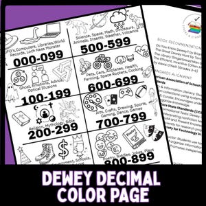 May include: Black and white Dewey Decimal color page with categories like computers, religion, and poetry. Includes numbers from 000-899 and illustrations. The text "DEWEY DECIMAL COLOR PAGE" is at the bottom.