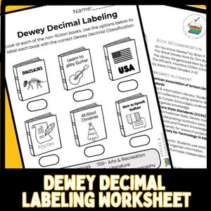 May include: Black and white worksheet titled "Dewey Decimal Labeling" with book illustrations labeled "Dinosaurs", "Learn to play Guitar", "USA", "Poetry", "All About Christmas", and "How to Speak Italian".