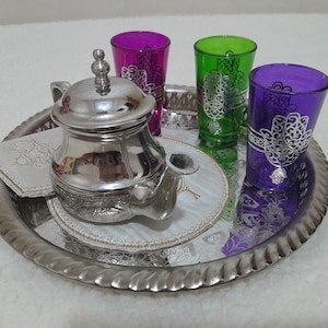 Moroccan Silver Tea Set with Colorful Glasses
