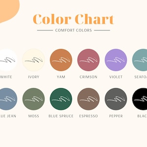 K&ouml;nnte beinhalten: Eine Farbkarte mit dem Titel "Color Chart Comfort Colors" zeigt zw&ouml;lf Farbfelder in Kreisen. Zu den Farben geh&ouml;ren Wei&szlig;, Elfenbein, Yam, Karmesinrot, Violett, Meerschaum, Blue Jean, Moos, Blaufichte, Espresso, Pfeffer und Schwarz.
