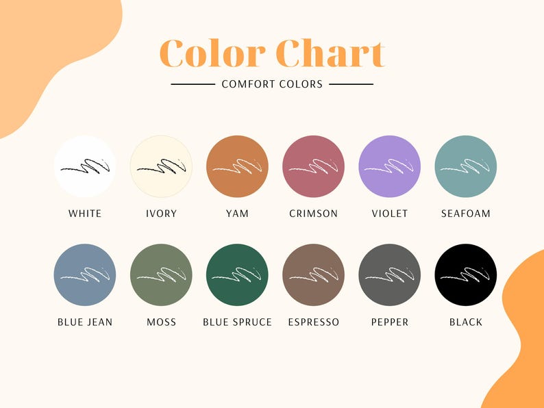 K&ouml;nnte beinhalten: Eine Farbkarte mit dem Titel "Color Chart Comfort Colors" zeigt zw&ouml;lf Farbfelder in Kreisen. Zu den Farben geh&ouml;ren Wei&szlig;, Elfenbein, Yam, Karmesinrot, Violett, Meerschaum, Blue Jean, Moos, Blaufichte, Espresso, Pfeffer und Schwarz.