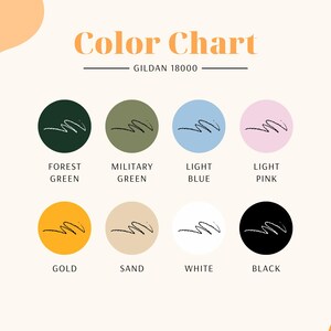 May include: Color chart featuring eight color swatches: Forest Green, Military Green, Light Blue, Light Pink, Gold, Sand, White, and Black. Each swatch has a scribble design. The text "Color Chart" and "GILDAN 18000" are at the top.