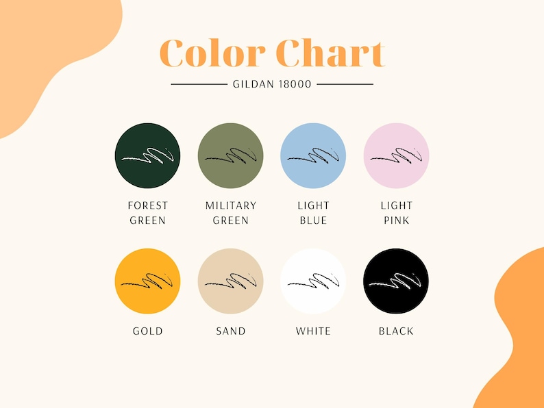 May include: Color chart featuring eight color swatches: Forest Green, Military Green, Light Blue, Light Pink, Gold, Sand, White, and Black. Each swatch has a scribble design. The text "Color Chart" and "GILDAN 18000" are at the top.