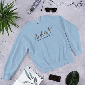 May include: A light blue sweatshirt with a humorous graphic of stick figures in various poses, with the text "I DON'T LIKE THIS ROCK, HONEST, IT'S POSING AS ART." The sweatshirt is made of a soft material.