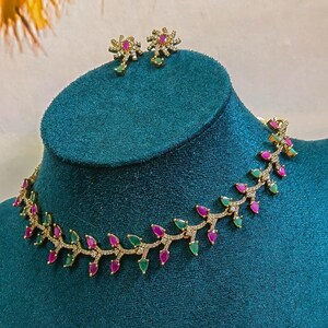 American Diamond gold plated choker necklace set Multistone pink and green stone Choker set