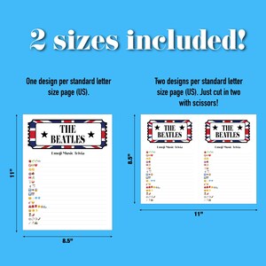 Peut inclure: Deux mod&egrave;les imprimables pour un jeu de trivia musical des Beatles avec des &eacute;mojis. Le premier mod&egrave;le pr&eacute;sente une seule feuille avec une banni&egrave;re de titre qui dit "The Beatles Emoji Music Trivia". Le deuxi&egrave;me mod&egrave;le pr&eacute;sente deux feuilles avec la m&ecirc;me banni&egrave;re de titre. Les deux mod&egrave;les mesurent 8,5 pouces sur 11 pouces.