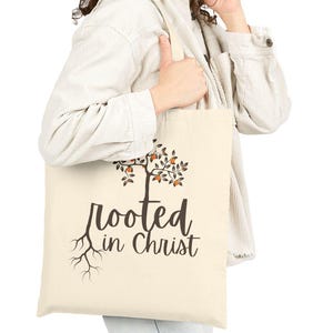 Torba płócienna z bawełny Rooted in Christ, ekologiczna torba zakupowa, prezent wiary, torba inspirująca, zajęcia kościelne, codzienne użytkowanie