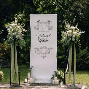 Benutzerdefinierte Hochzeit Stoff Zeichen, Leinen Hochzeit Willkommensschild, Hochzeit im Freien Banner, personalisierte Hochzeitsdekoration, Verlobungsfeier Zeichen