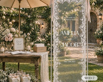 Letrero de bienvenida de encaje para bodas, pancarta de tela para bodas, letrero de bienvenida para despedida de soltera, letrero de tela para ceremonia y recepción, decoración rústica personalizada para bodas