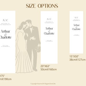 K&ouml;nnte beinhalten: Hochzeit Willkommensschild mit den Namen Arthur & Charlotte, erh&auml;ltlich in drei Gr&ouml;&szlig;en: 60cmx190cm, 50cmx160cm und 38cmx127cm. Das Schild zeigt eine Paarillustration und den Text "Welcome to the Wedding of".