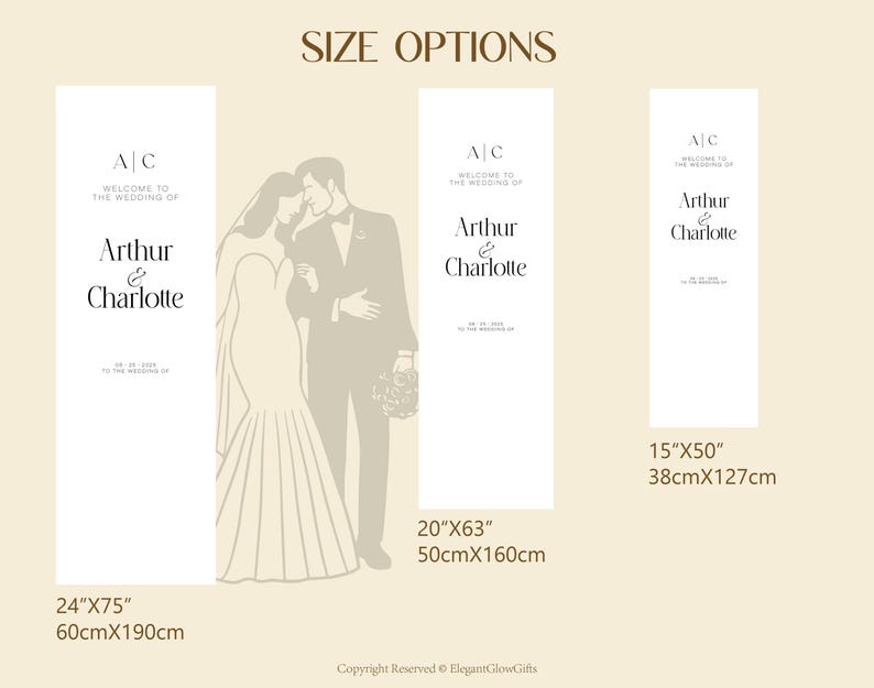 K&ouml;nnte beinhalten: Hochzeit Willkommensschild mit den Namen Arthur & Charlotte, erh&auml;ltlich in drei Gr&ouml;&szlig;en: 60cmx190cm, 50cmx160cm und 38cmx127cm. Das Schild zeigt eine Paarillustration und den Text "Welcome to the Wedding of".