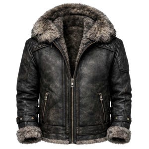 May include: A distressed black leather jacket with a faux fur-lined hood and collar. The jacket features a zip-up front, multiple pockets, and fur trim on the cuffs. The jacket has a quilted shoulder design.