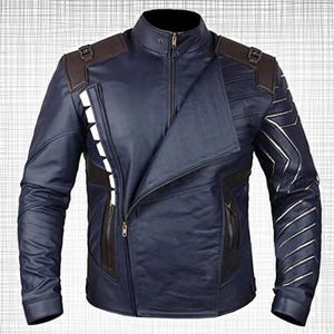 May include: A navy blue leather jacket with a stand-up collar and an asymmetrical zip. The jacket features brown shoulder accents, white geometric designs, and silver stripes on the sleeves. It has a sleek, modern design.