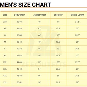 May include: A size chart table titled MEN'S SIZE CHART with columns for Size, Body Chest, Jacket Chest, Shoulder, and Sleeve Length. The table lists measurements in inches for sizes ranging from 2XS to 5XL, presented on a light yellow background.