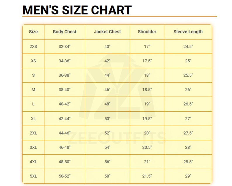May include: A size chart table titled MEN'S SIZE CHART with columns for Size, Body Chest, Jacket Chest, Shoulder, and Sleeve Length. The table lists measurements in inches for sizes ranging from 2XS to 5XL, presented on a light yellow background.