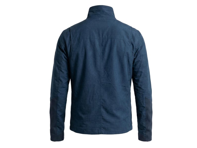 May include: A dark blue jacket shown from the back, featuring a high collar, long sleeves with reinforced elbow patches, and a structured back panel design. The garment is made of a solid-colored fabric with visible seams and a straight hemline.
