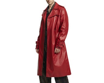 May include: A long, bright red trench coat with a glossy finish. The coat features a classic double-breasted design, a wide collar, and a belt detail at the cuffs. The coat is knee-length and appears to be made of a leather-like material.