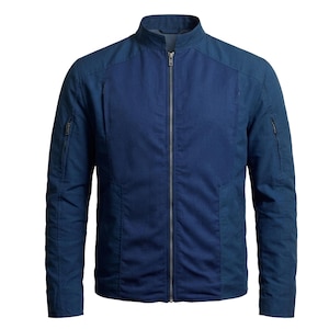 May include: A dark blue jacket with a stand-up collar and a full-length front zipper. The garment features long sleeves with zippered pockets on the upper arms and a textured fabric construction with vertical paneling across the front torso.